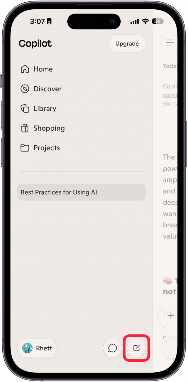 a screenshot of copilot on iphone with a red box around the new chat button