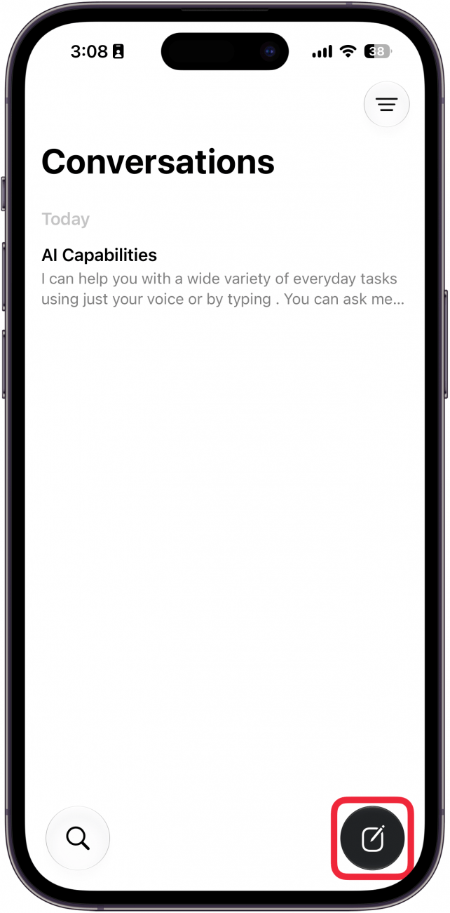 a screenshot of siri ai on iphone with a red box around the new chat button