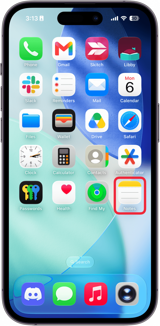 a screenshot of the home screen on iphone with a red box around the notes app