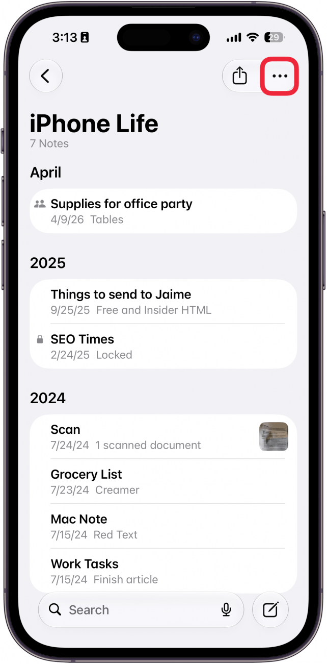 a screenshot of the notes app on iphone with a red box around the three dot menu in the upper right corner