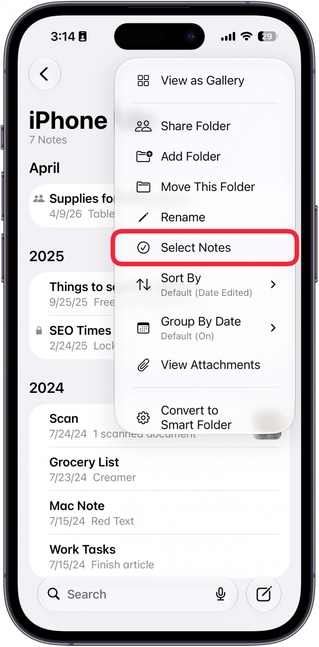 a screenshot of the notes app on iphone displaying an expanded three dot menu with a red box around the select notes option