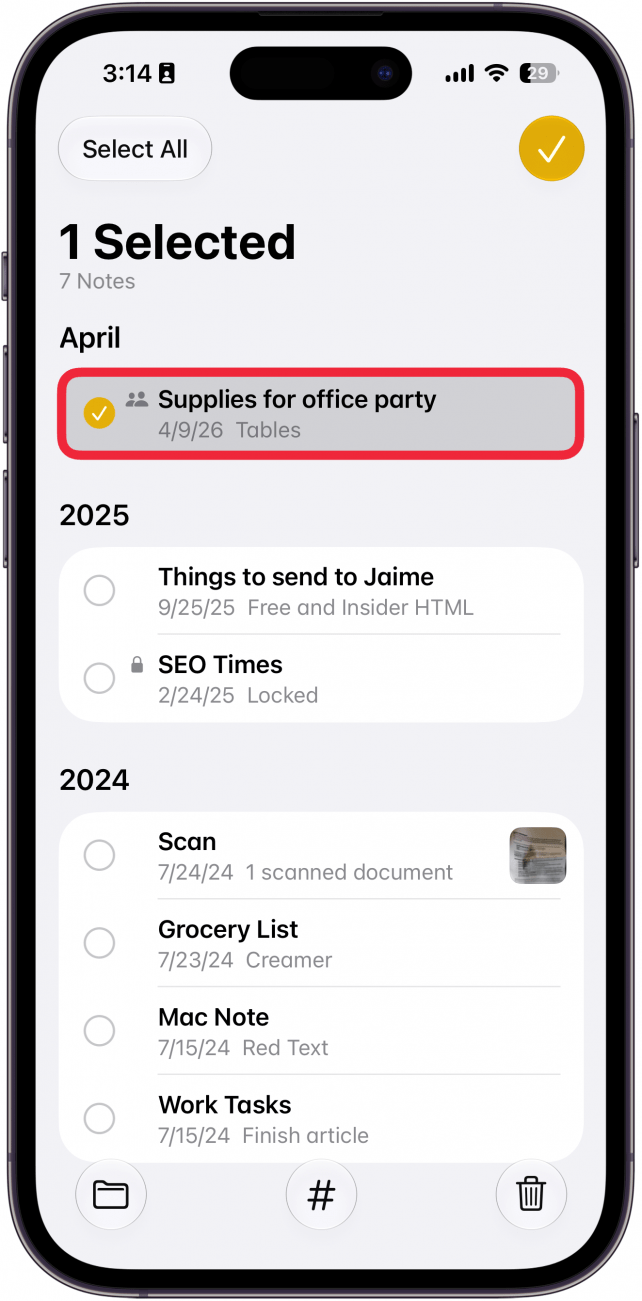 a screenshot of the notes app on iphone with a red box around a note with a checkmark next to it, indicating to select it