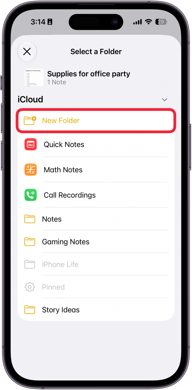 a screenshot of the notes app on iphone displaying a list of folders where a note can be moved to with a red box around the new folder icon