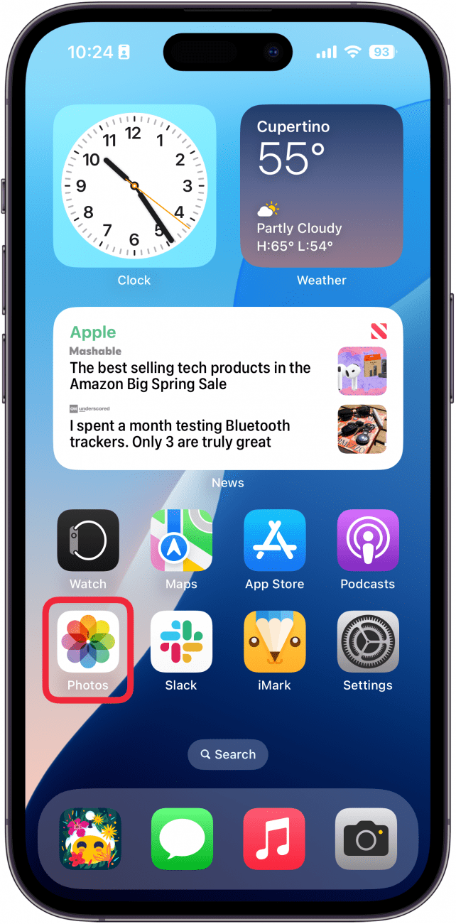 iphone home screen with a red box around the photos app