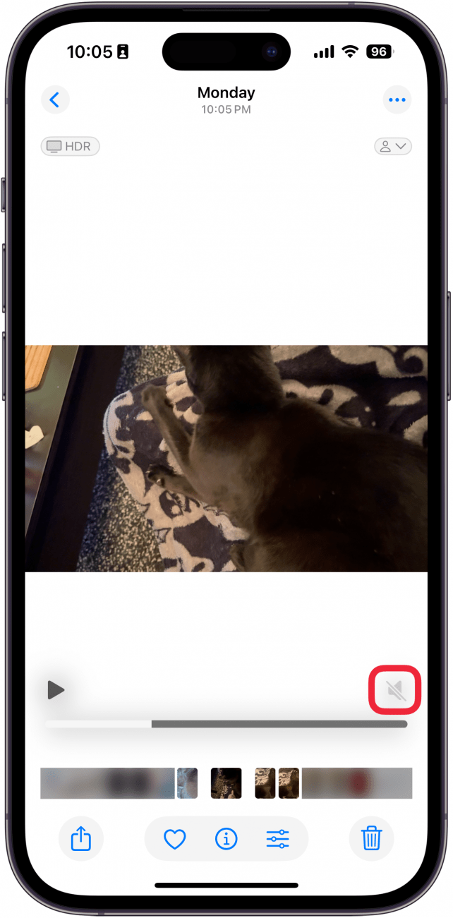 iphone photos app with a red box around a now grayed out speaker icon, indicating that the video has no sound