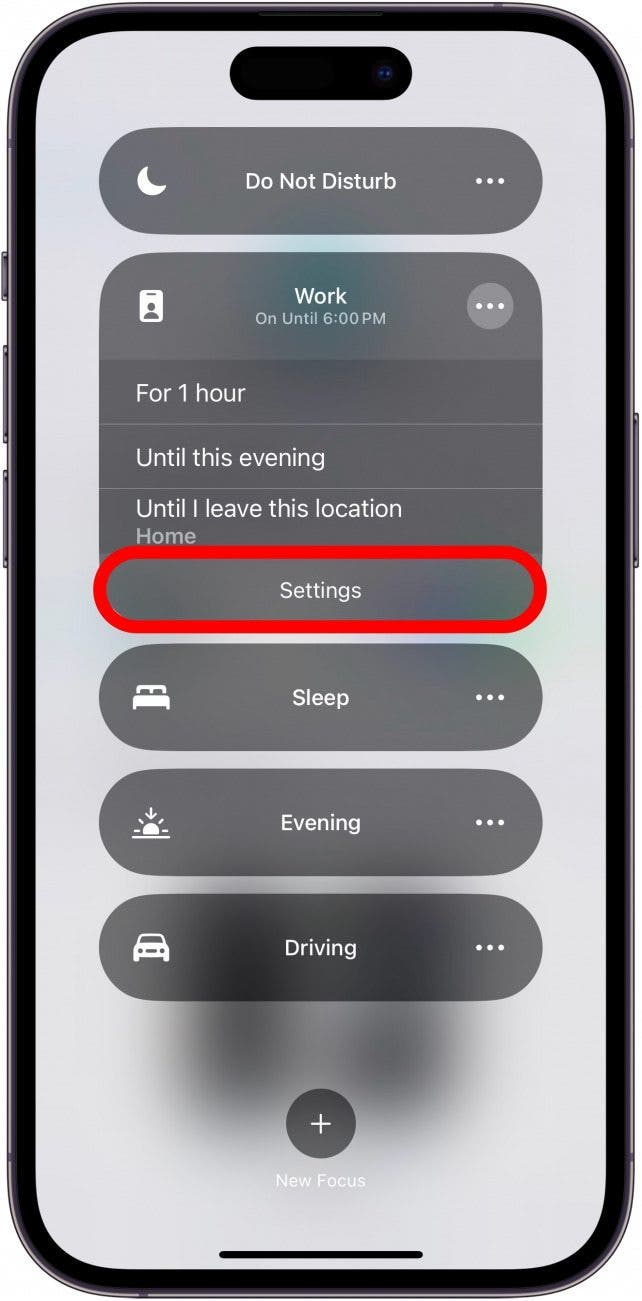 iphone control center focus window with a red box around settings button