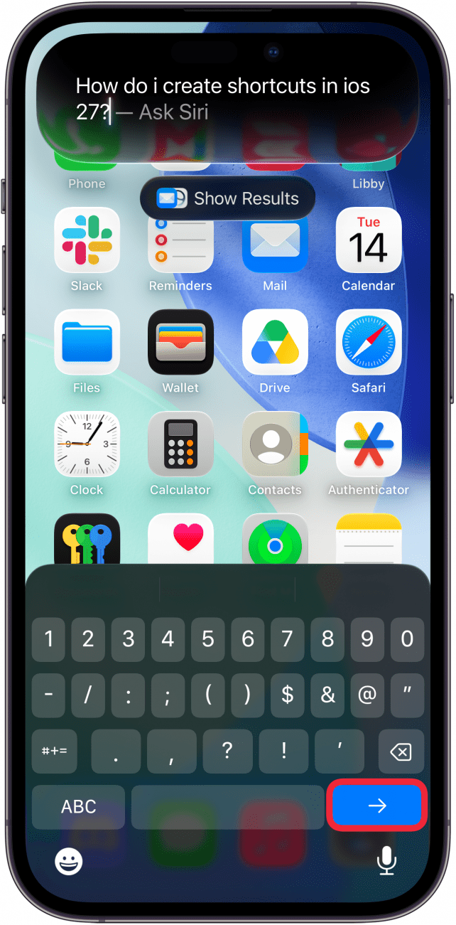 a screenshot of the iphone home screen displaying iphone search with a red box around the blue arrow key on the keyboard