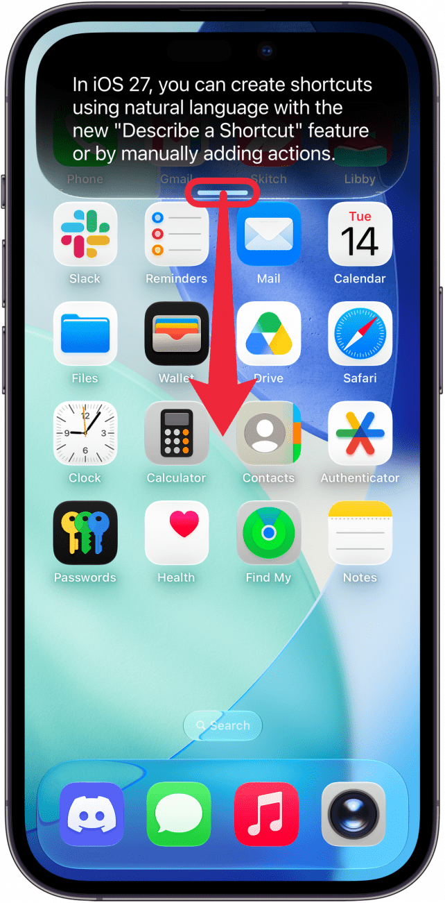 a screenshot of the iphone home screen displaying iphone search with a red box around the gray bar and a red arrow pointing downward, indicating to swipe down