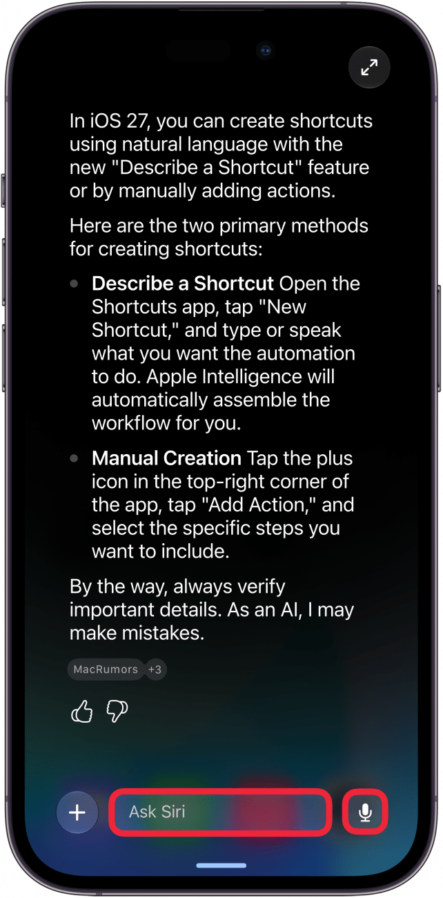 a screenshot of the siri ai interface expanded from iphone search with red boxes around the text box and the microphone icon