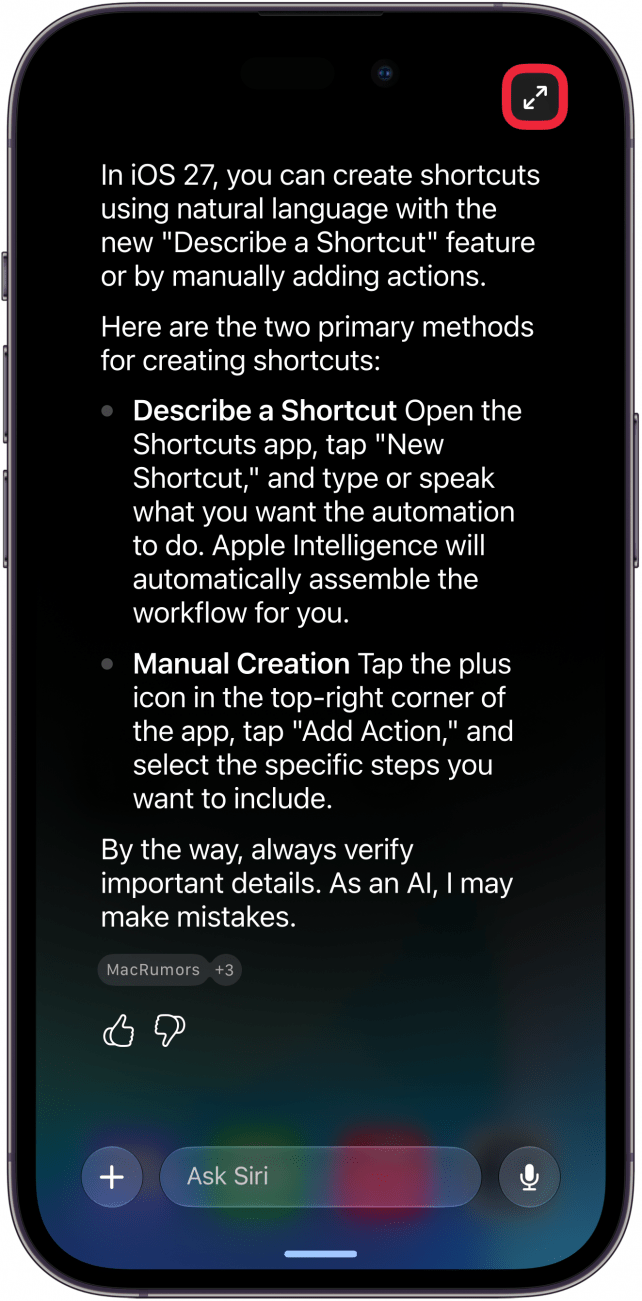 a screenshot of the siri ai interface expanded from iphone search with a red box around the expand icon