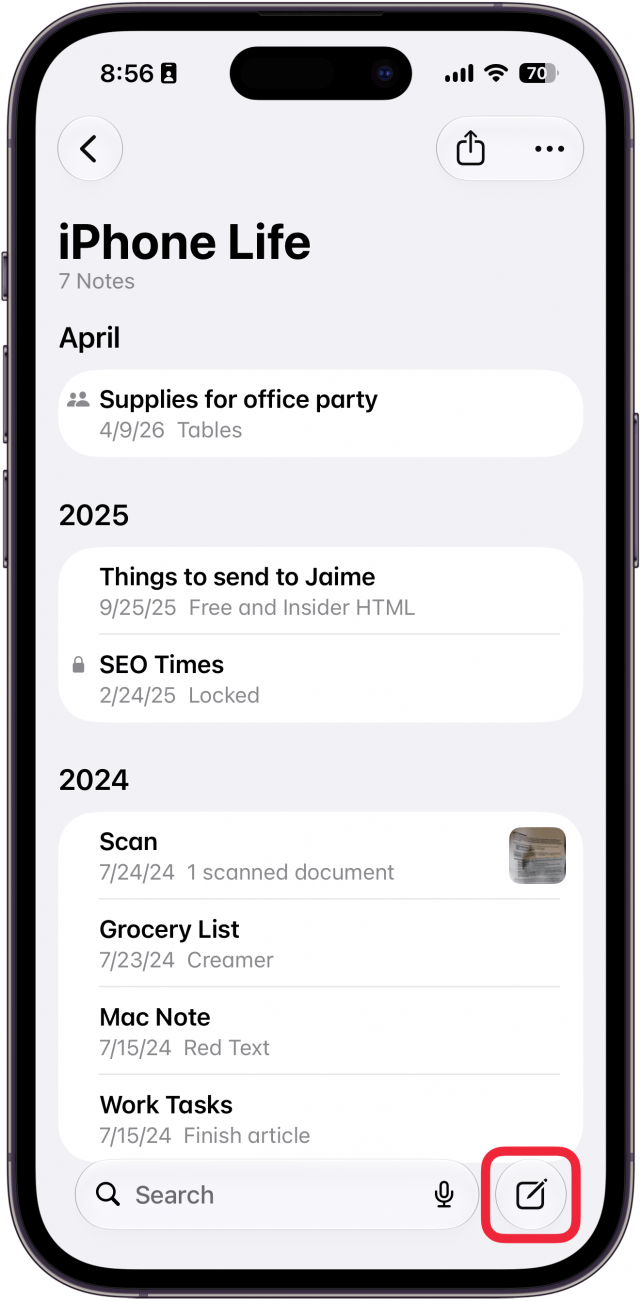 a screenshot of the iphone notes app with a red box around the new note button