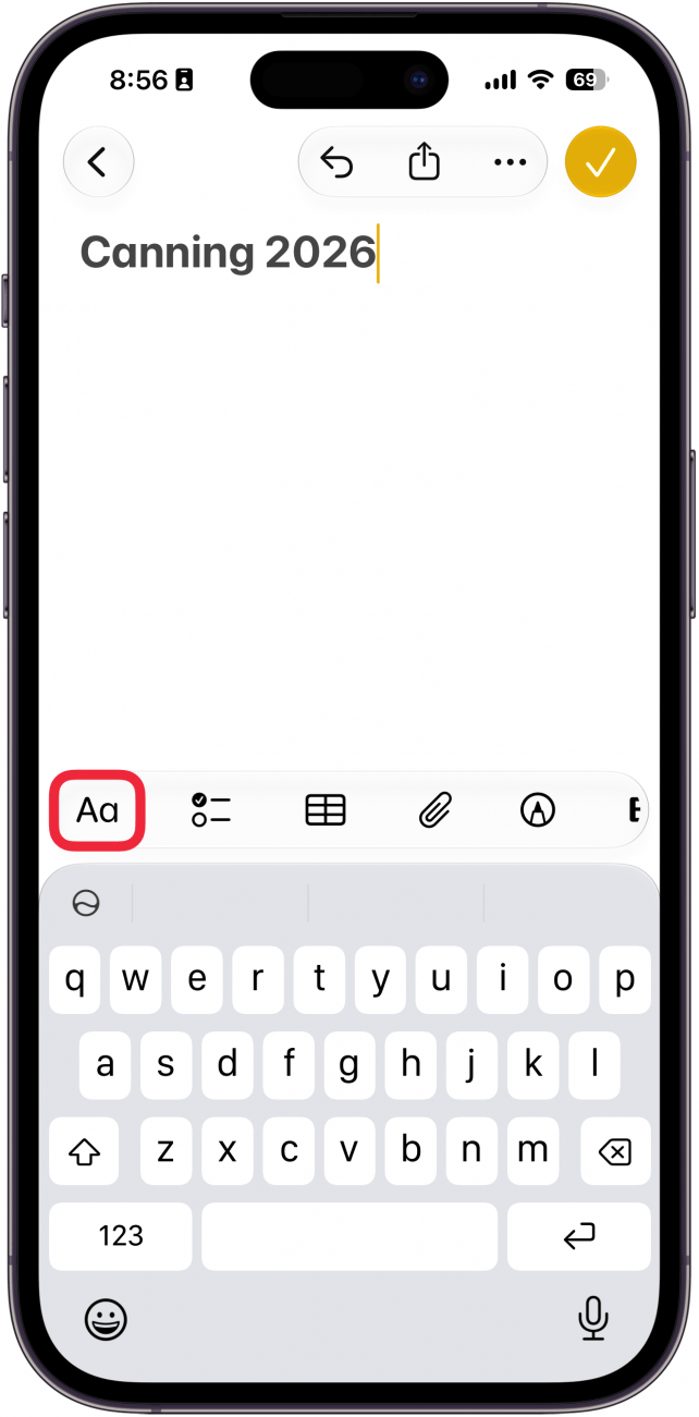 a screenshot of the iphone notes app with a red box around the formatting button