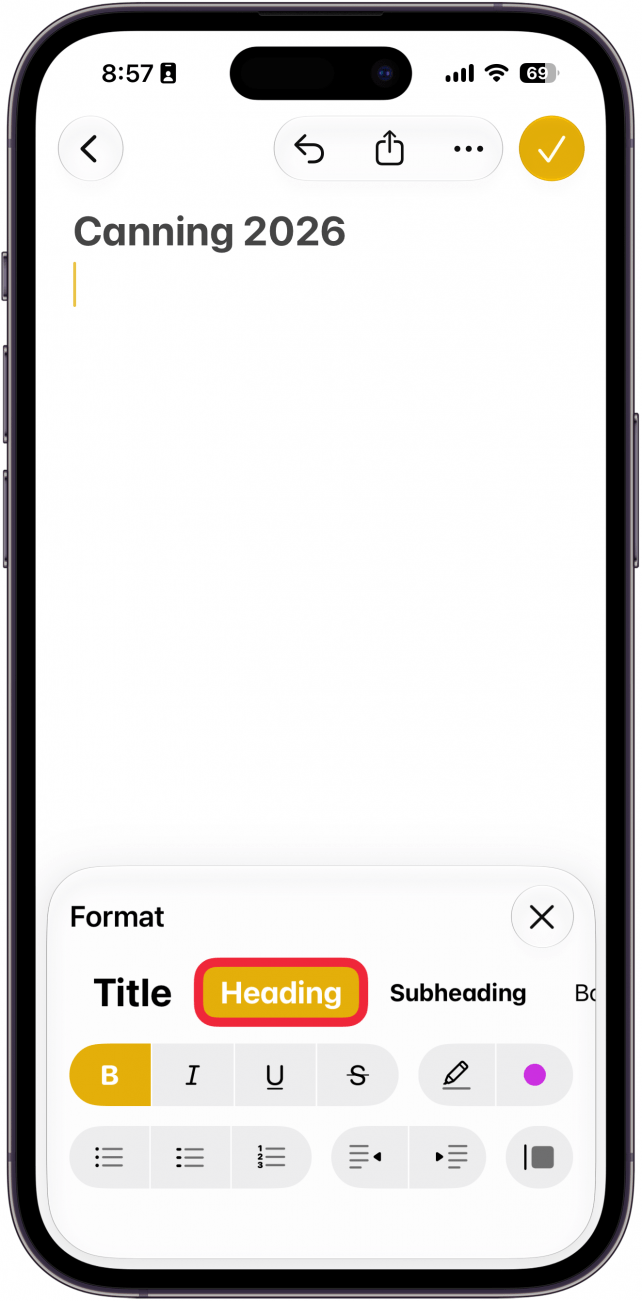 a screenshot of the iphone notes app displaying the format menu with a red box around heading 1