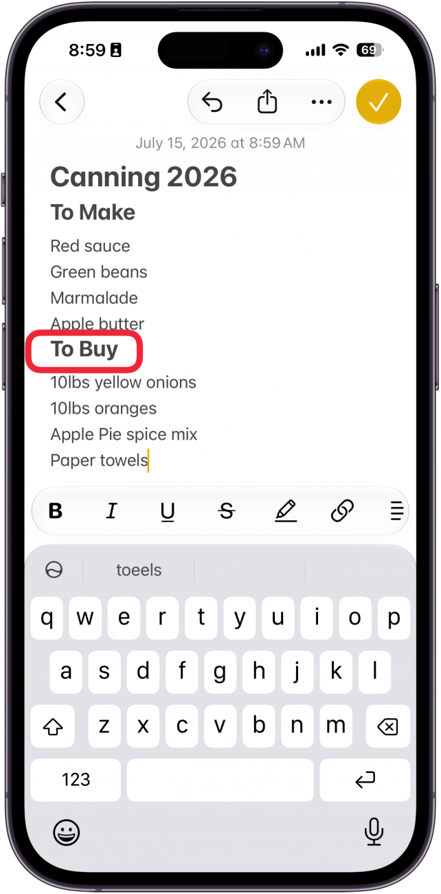 a screenshot of the notes app displaying a note with multiple headings with a red box around one heading
