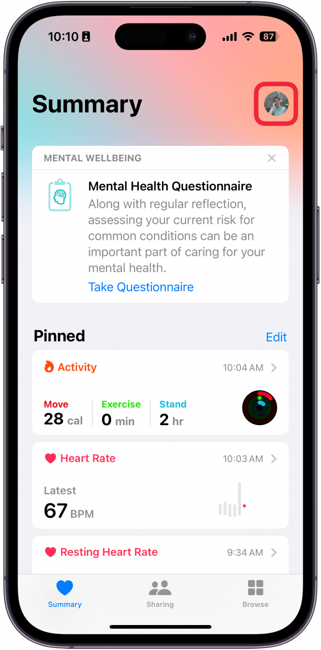 apple health app with a red box around profile icon