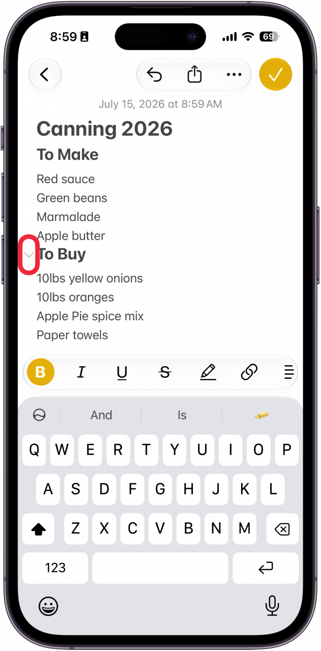 a screenshot of the notes app displaying a note with multiple headings with a red box around the collapse icon next to the heading