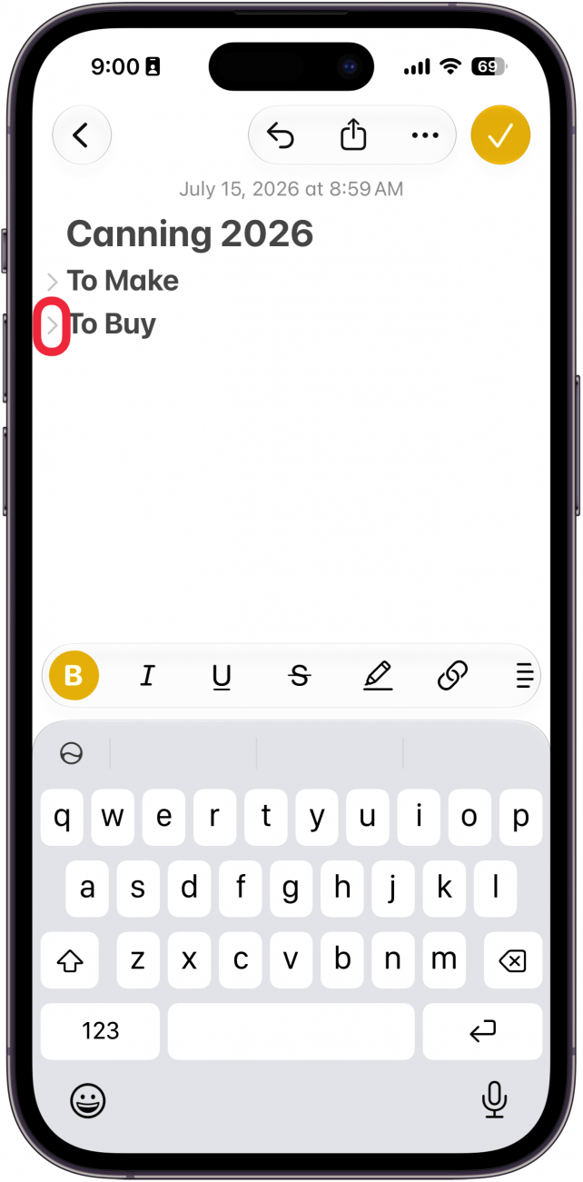 a screenshot of the notes app displaying a note with multiple headings with a red box around the collapse icon next to the heading