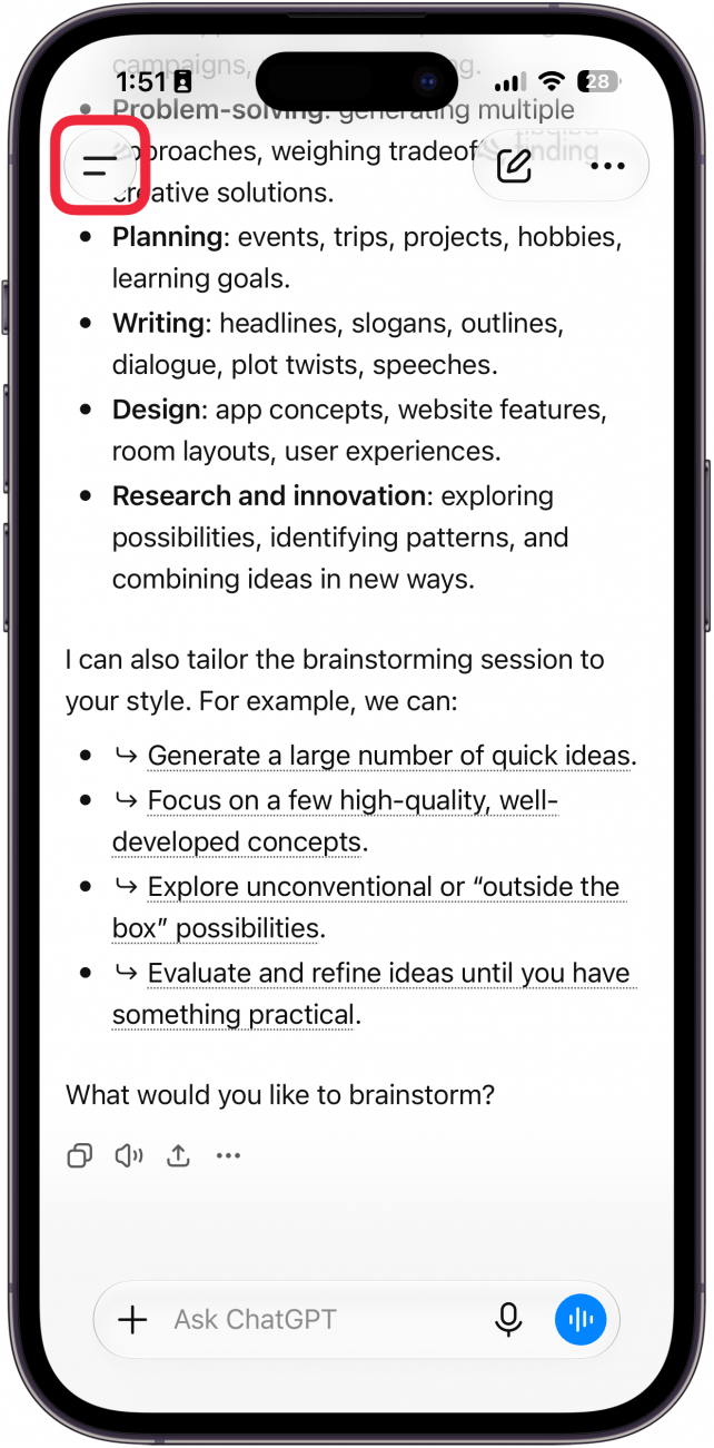 a screenshot of chatgpt on iphone with a red box around the hamburger menu icon