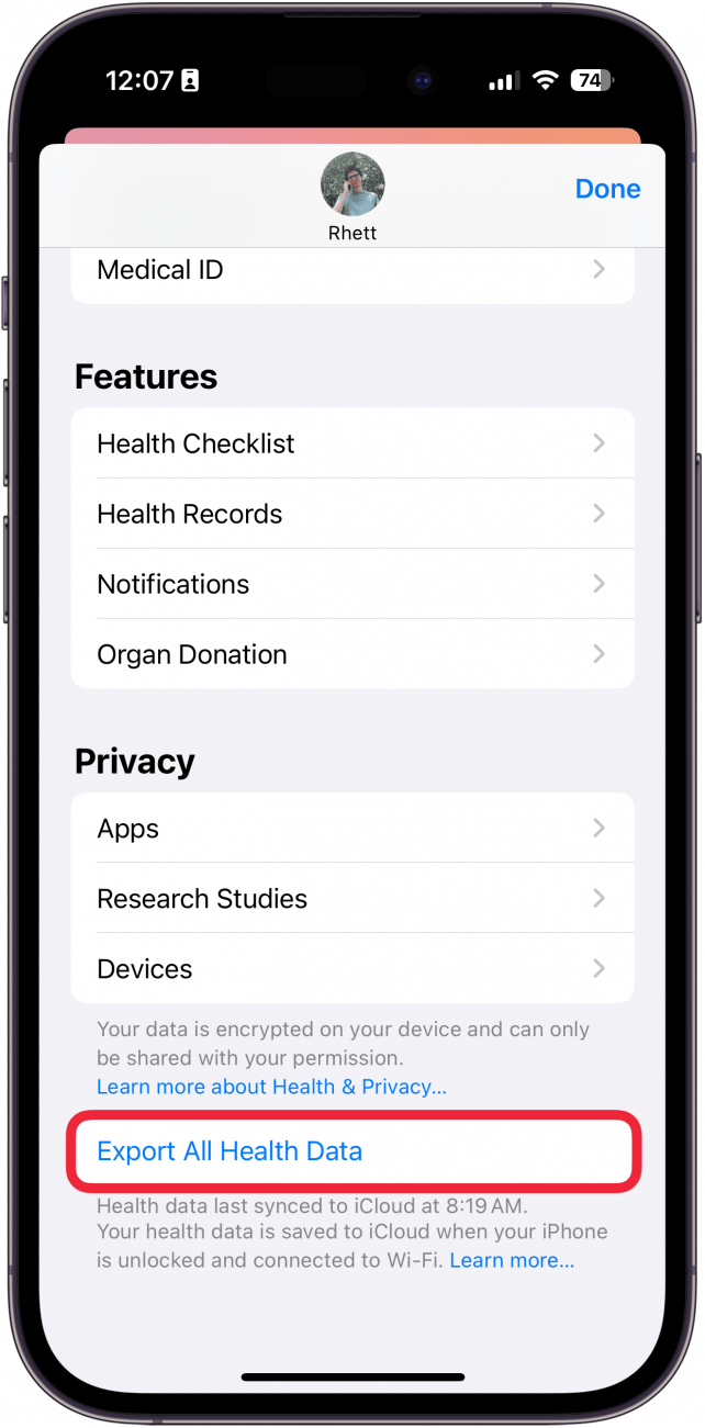 apple health app settings with a red box around export all health data