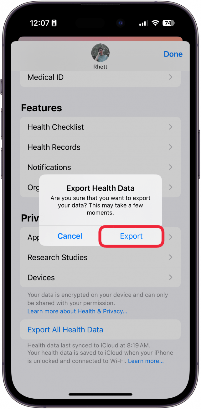 iphone health app settings displaying a window ask if the user wants to export their data with a red box around the export button