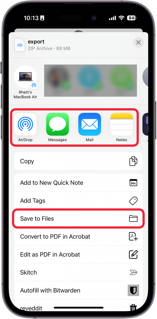 iphone health app settings displaying share sheet with red boxes around apps and save to files button