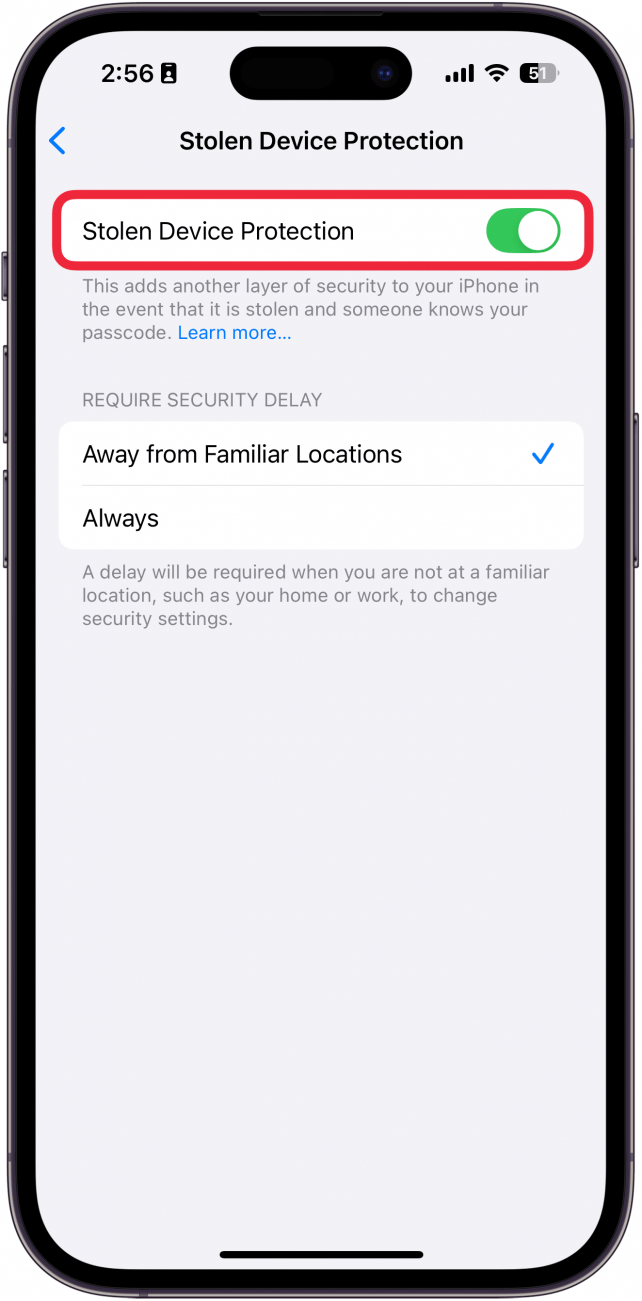 iphone stolen device protection settings with a red box around stolen device protection toggle