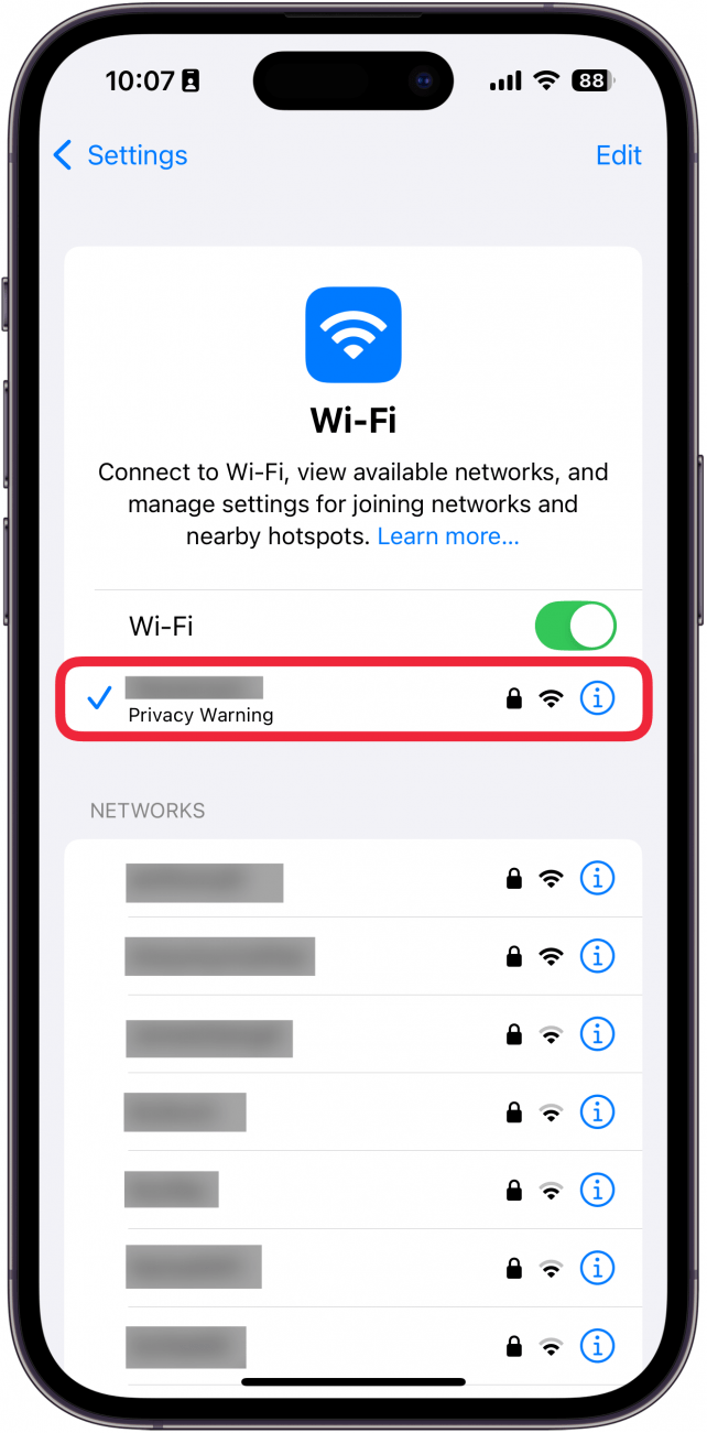 iphone wi-fi settings with a red box around connected wi-fi network which is labeled with a privacy warning