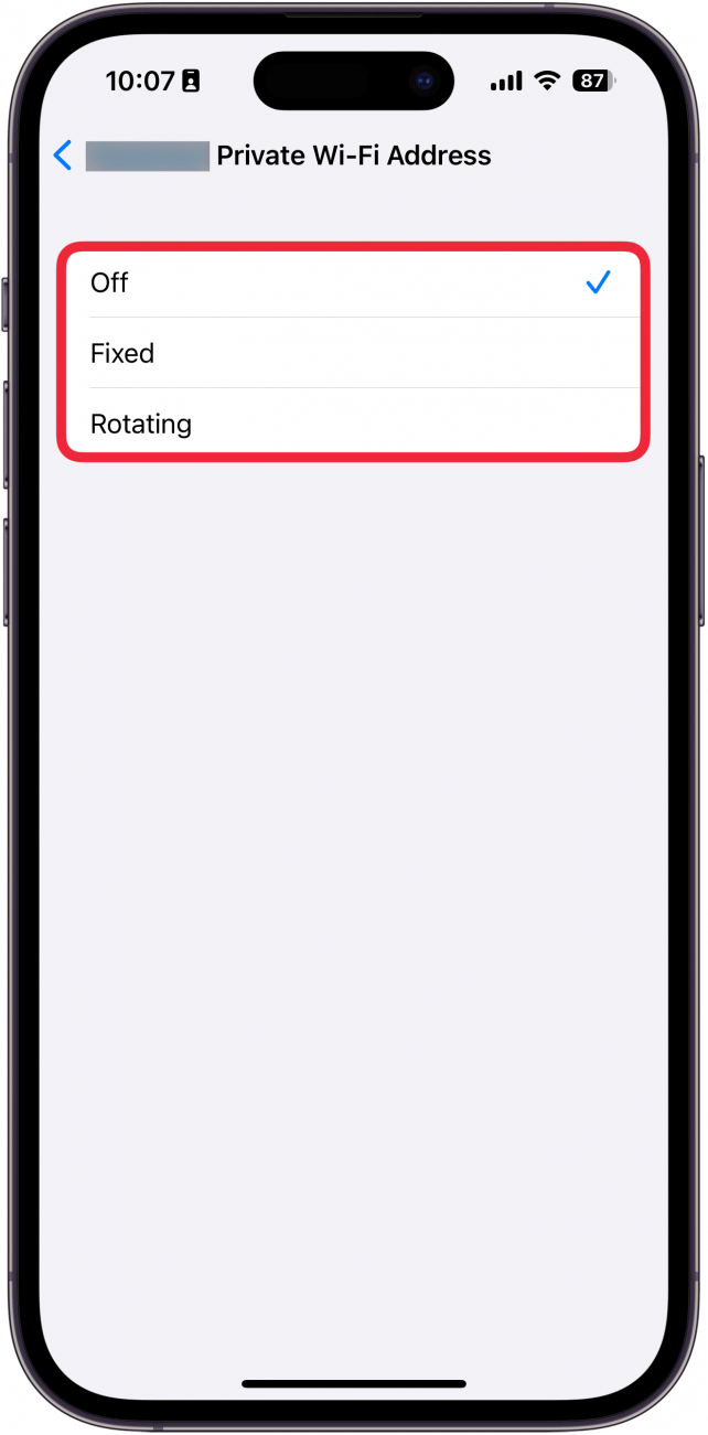 iphone wi-fi privacy settings with a red box around off, fixed, and rotating
