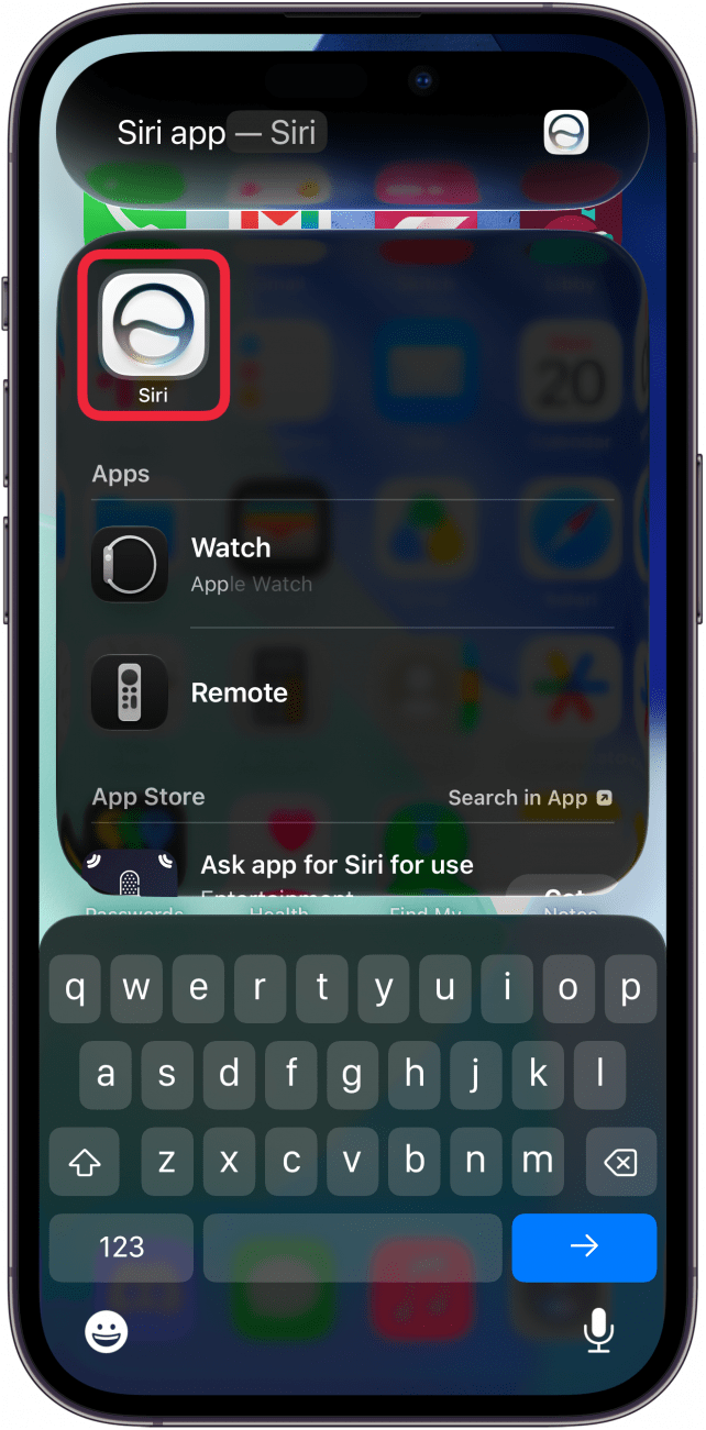 a screenshot of the iphone home screen displaying search with a red box around the siri app