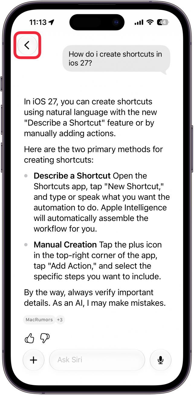 a screenshot of the siri app on iphone with a red box around the back button