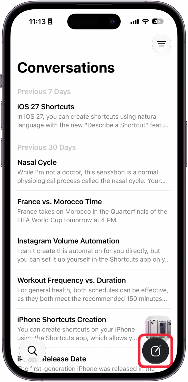 a screenshot of the siri app on iphone with a red box around the new conversation button