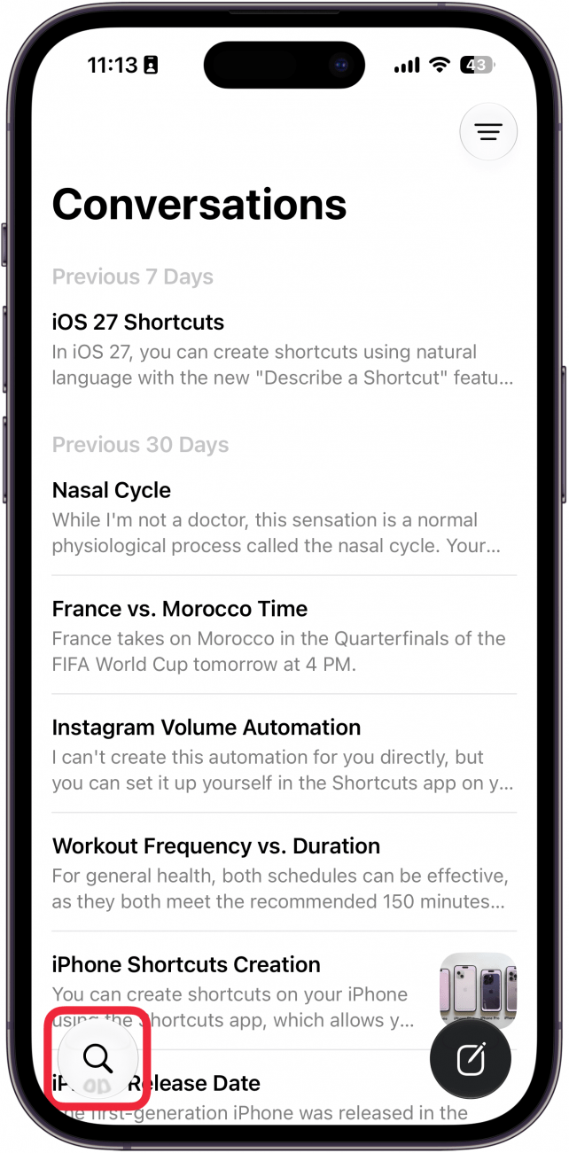 a screenshot of the siri app on iphone with a red box around the search button