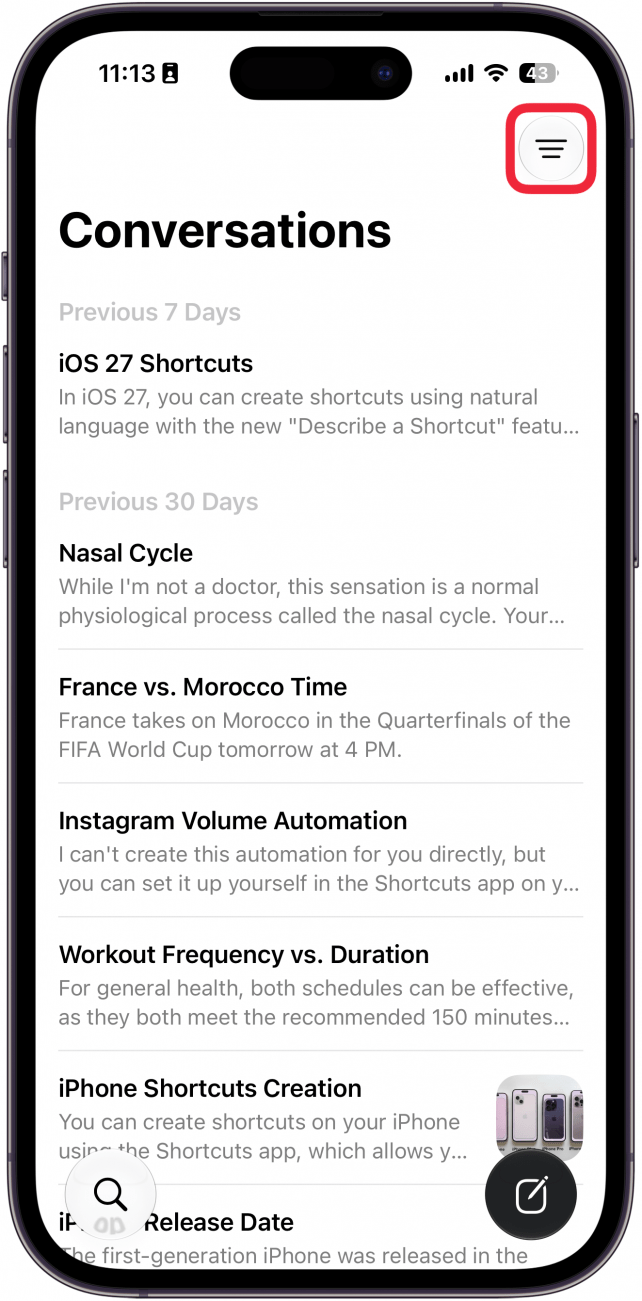a screenshot of the siri app on iphone with a red box around the menu icon