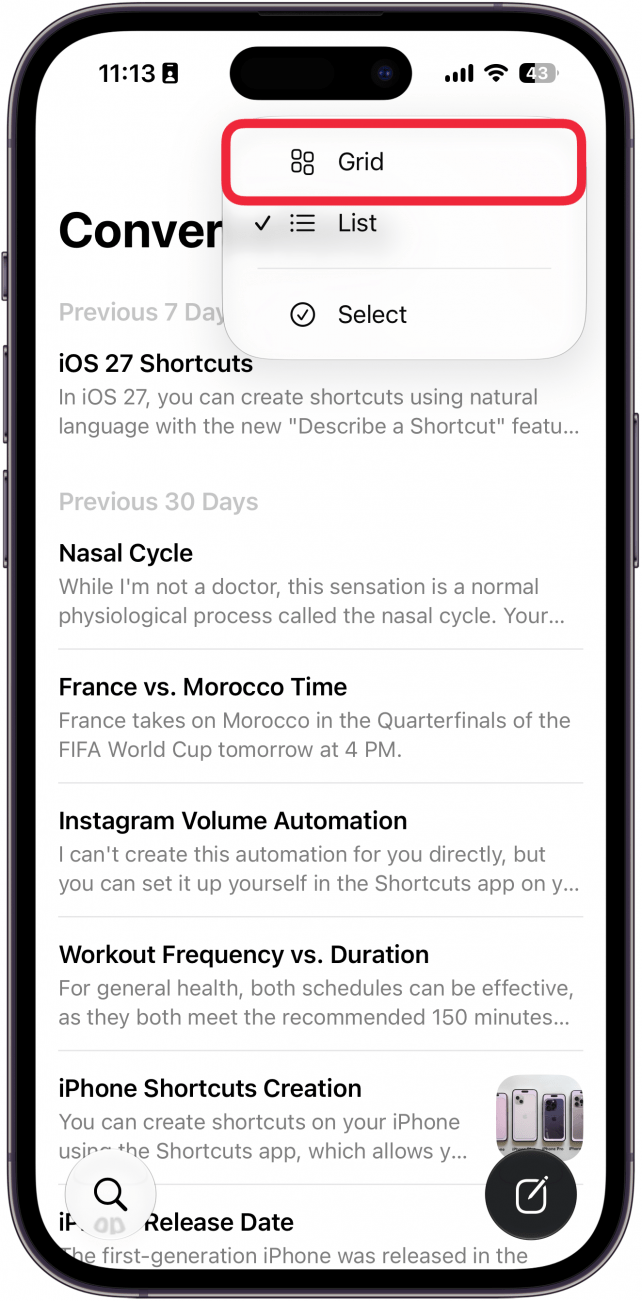 a screenshot of the siri app on iphone displaying a menu with a red box around the grid option