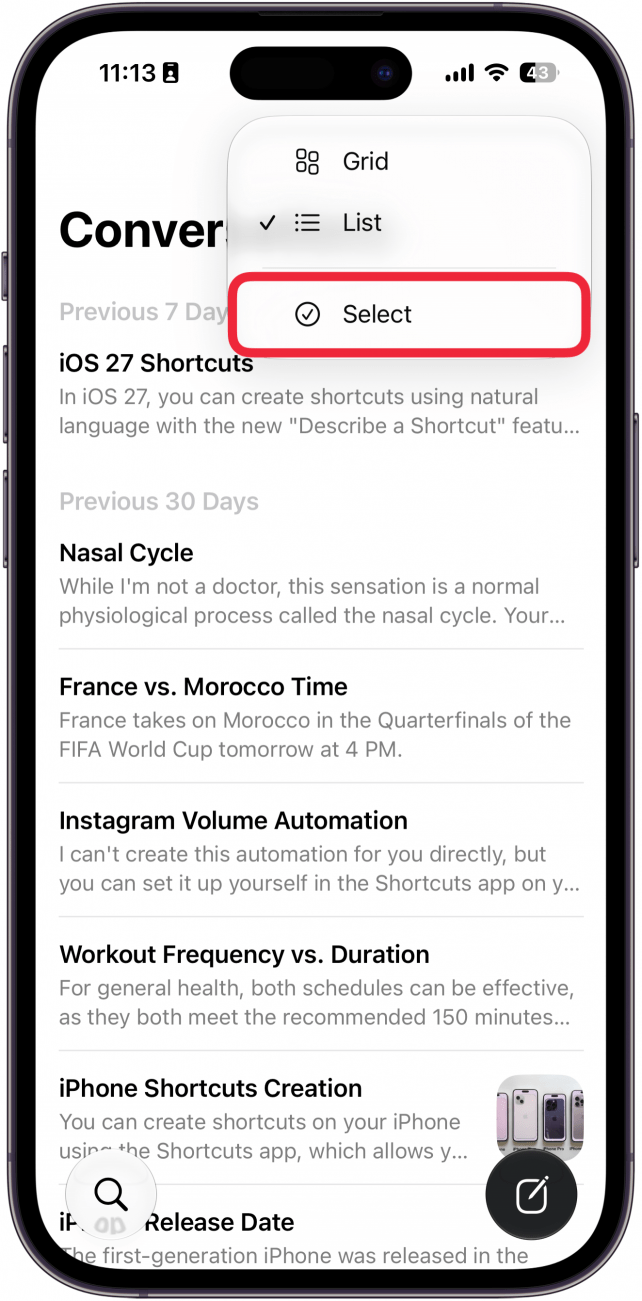 a screenshot of the siri app on iphone displaying a menu with a red box around the select option