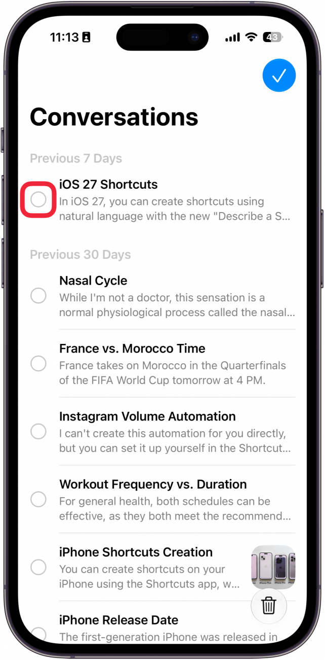 a screenshot of the siri app on iphone displaying empty cirlce icons next to conversations with a red box around one of the circle icons