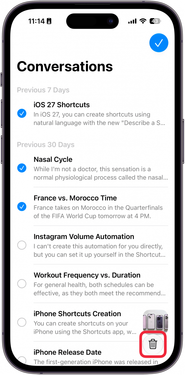 a screenshot of the siri app on iphone displaying checked cirlce icons next to conversations with a red box around the delete icon