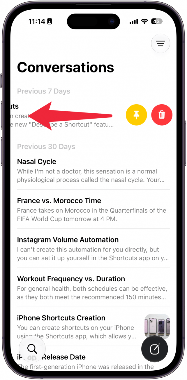 a screenshot of the siri app on iphone with a red arrow pointing left, indicating to swipe left