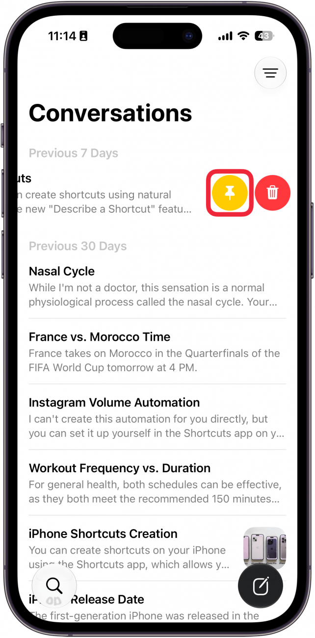a screenshot of the siri app on iphone displaying pin and delete icons with a red box around the pin icon