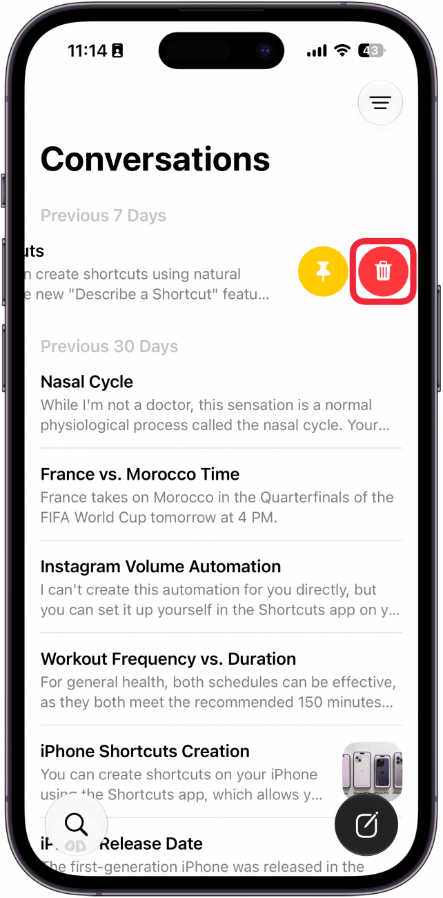 a screenshot of the siri app on iphone displaying pin and delete icons with a red box around the delete icon
