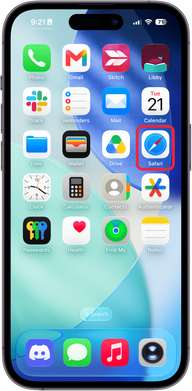 a screenshot of the iphone home screen with a red box around safari