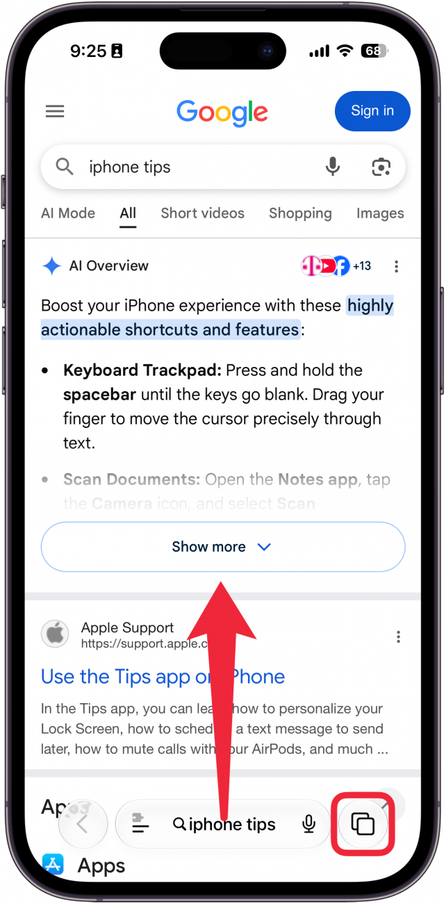 a screenshot of safari on iphone with a red arrow pointing upward from the tab bar indicating to swipe up, as well as a red box around the tab button