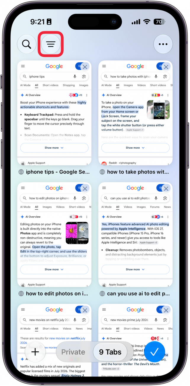 a screenshot of the tabs screen in safari on iphone with a red box around the menu icon