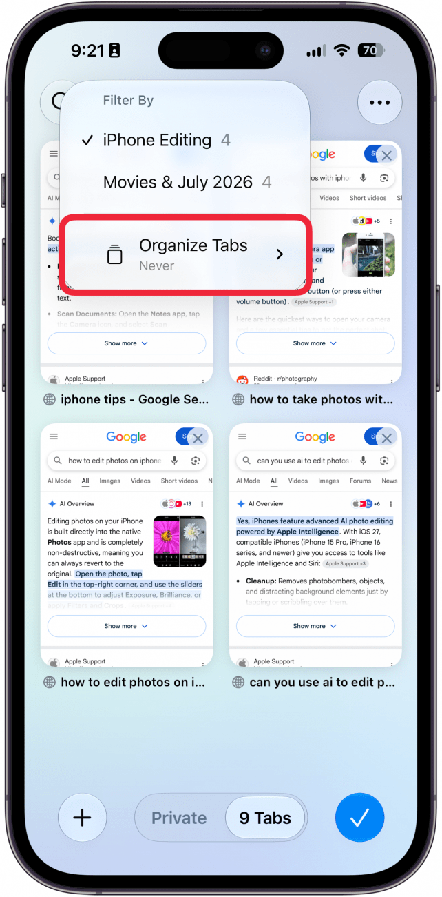a screenshot of the tabs screen in safari on iphone displaying a menu of tab categories with a red box around the organize tabs option