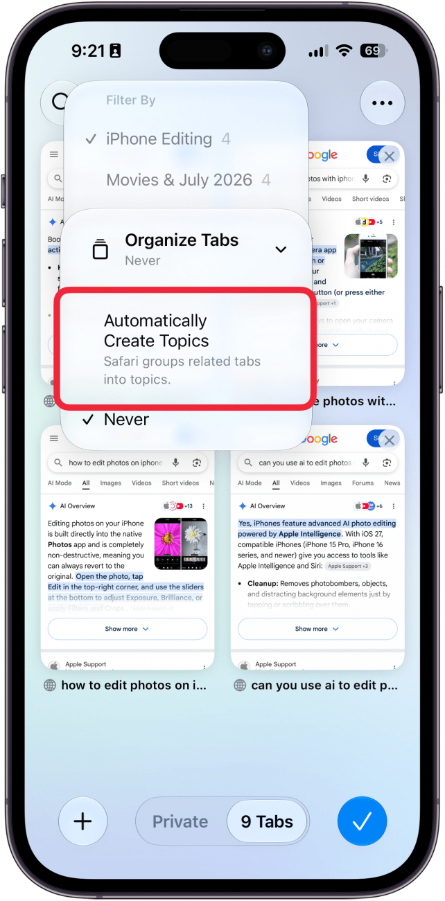 a screenshot of the tabs screen in safari on iphone displaying a menu of tab categories with a red box around the automatically create topics option