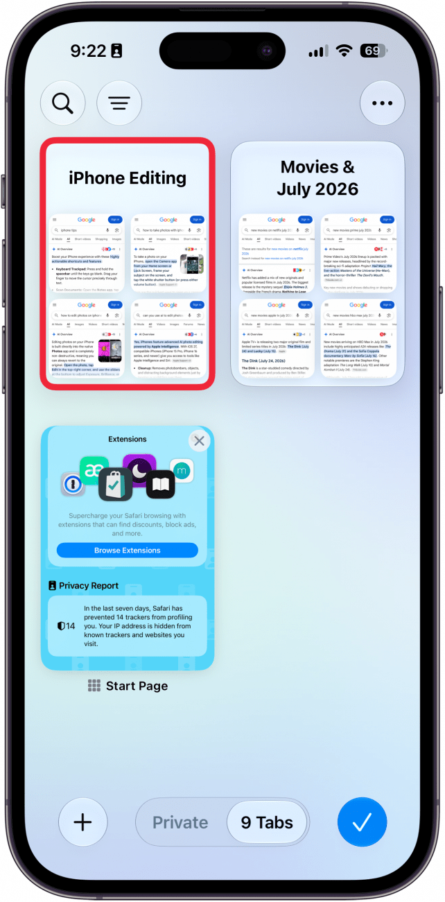a screenshot of tab groups in safari on iphone with a red box around a tab group titled iphone editing