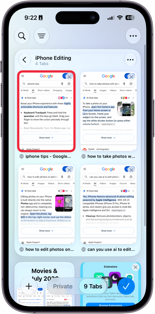 a screenshot of tab groups on iphone with a tab group titled iphone editing expanded and a red box around a specific tab in the group