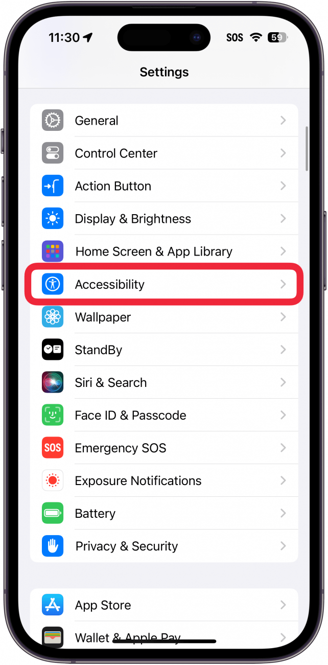 iphone settings app with a red box around accessibility