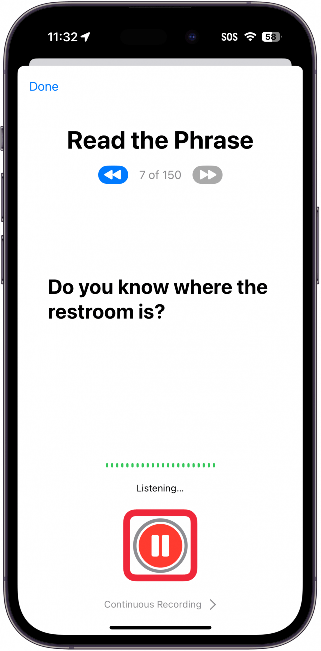 iphone personal voice set up with a red box around the red pause recording button
