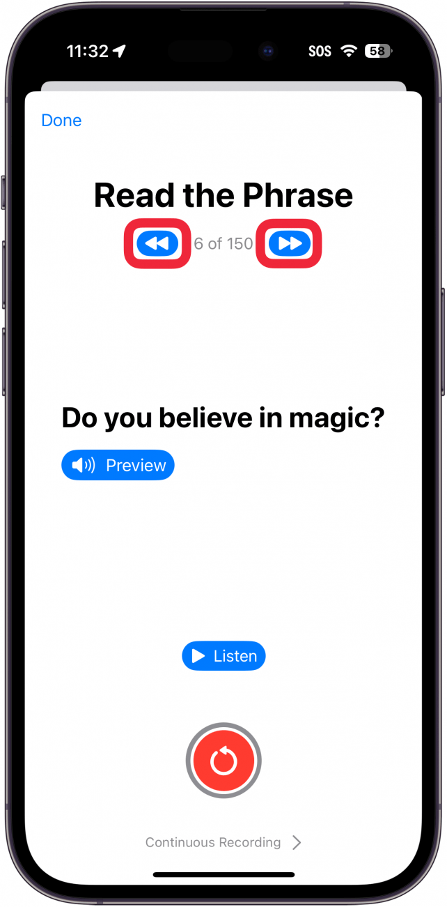 iphone personal voice set up with a red box around the blue forward and backward buttons